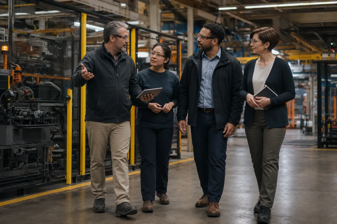 Engineers and leaders walking a manufacturing floor together