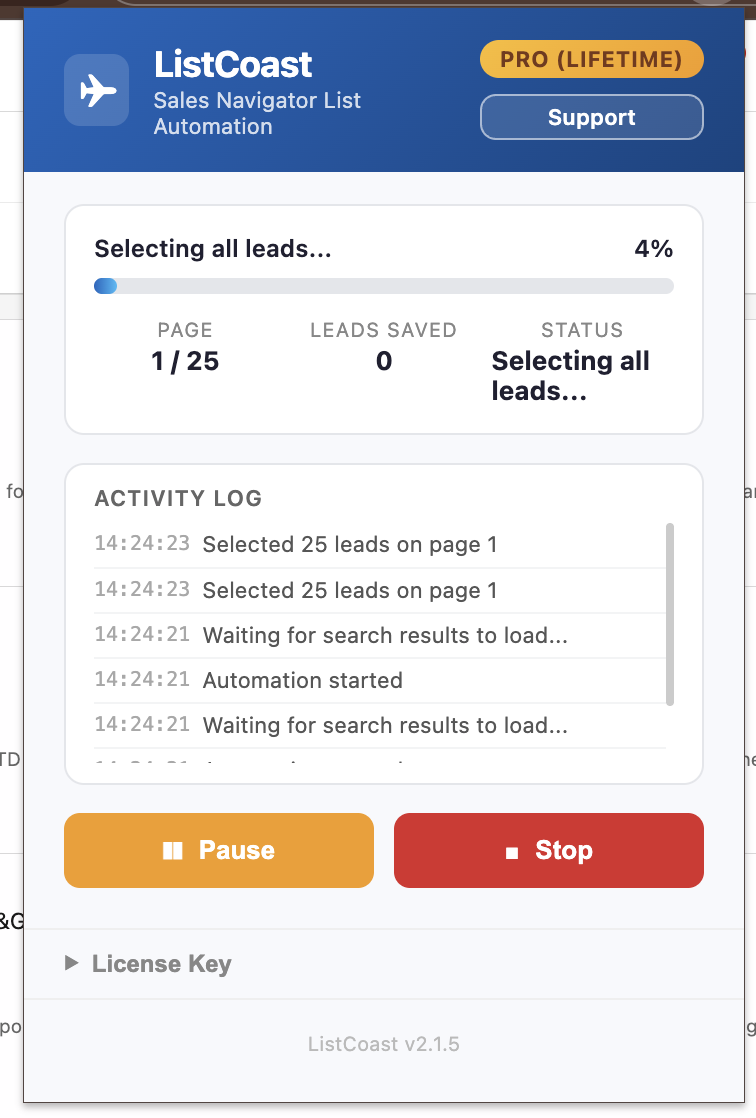 Actual ListCoast run showing progress, activity, pause, and stop controls