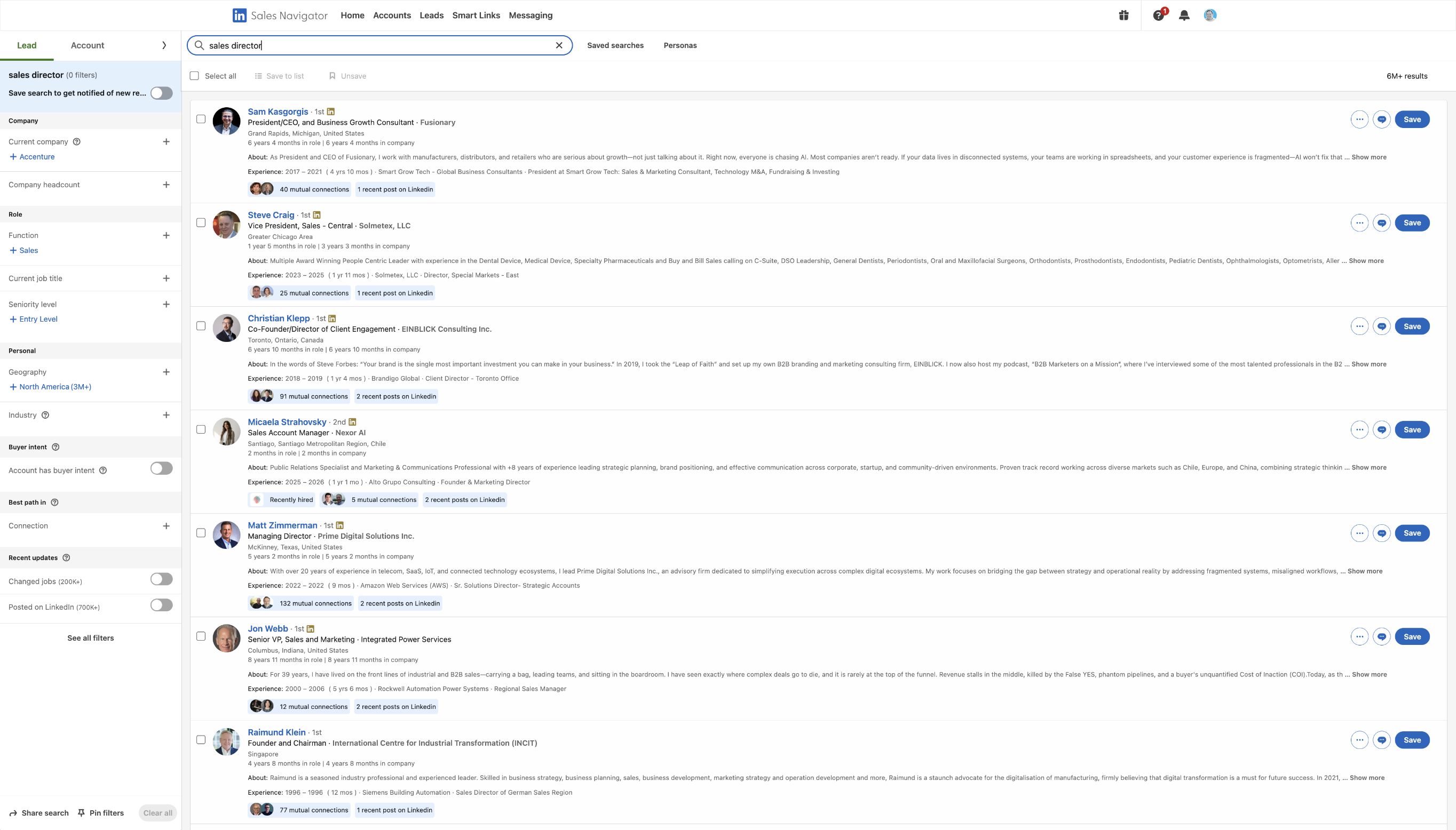 Actual LinkedIn Sales Navigator results page populated with lead rows, selection checkboxes, Select all, and Save to list controls