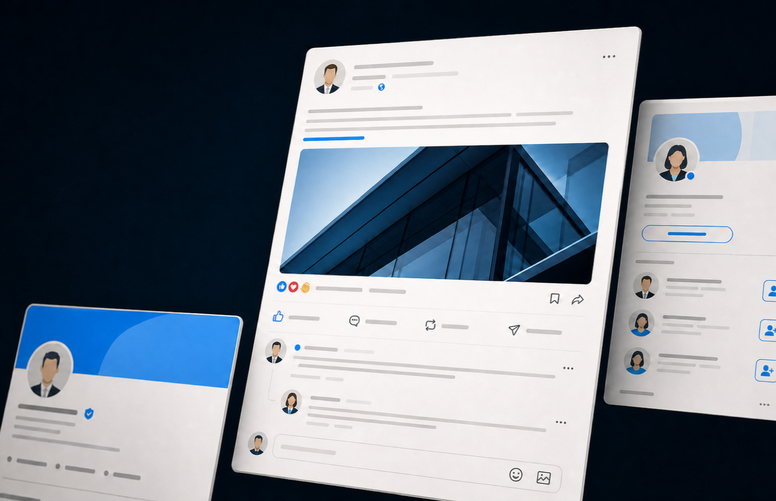 A premium professional social network interface with posts and profiles